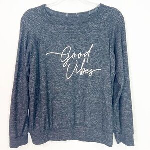 BUFFALO DAVID BITTON BLACK HEATHER GRAPHIC GOOD VIBES SWEATSHIRT WOMENS SMALL